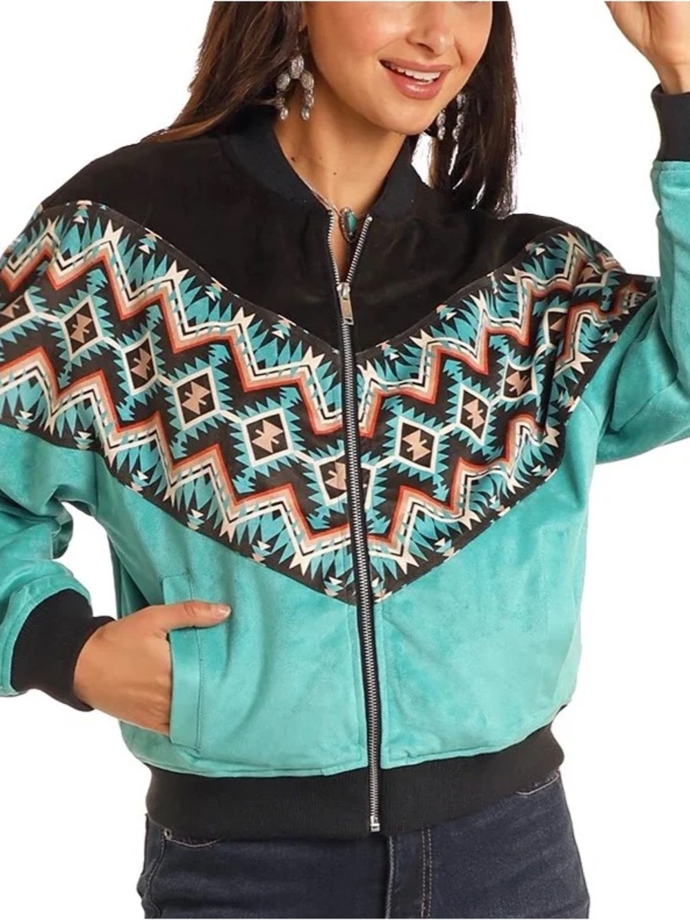 Aztec-Print Turquoise Women's Bomber Jacket
